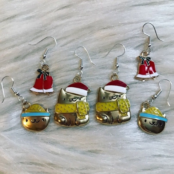 Hand Crafted Jewelry - Christmas Earrings Set O: Holiday Bells, Santa Kitty, Cat Wearing Beanie